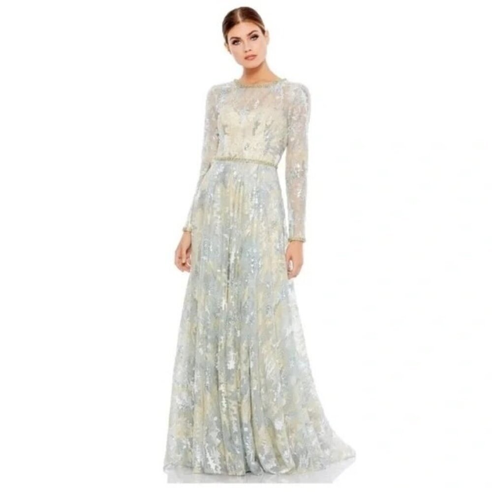 Mac Duggal Silver and Cream Maxi Dress